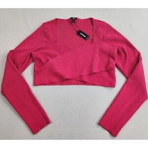 Express Body Contour Ribbed Wrap Crop Top Blouse Magenta Pink XL 30650565
